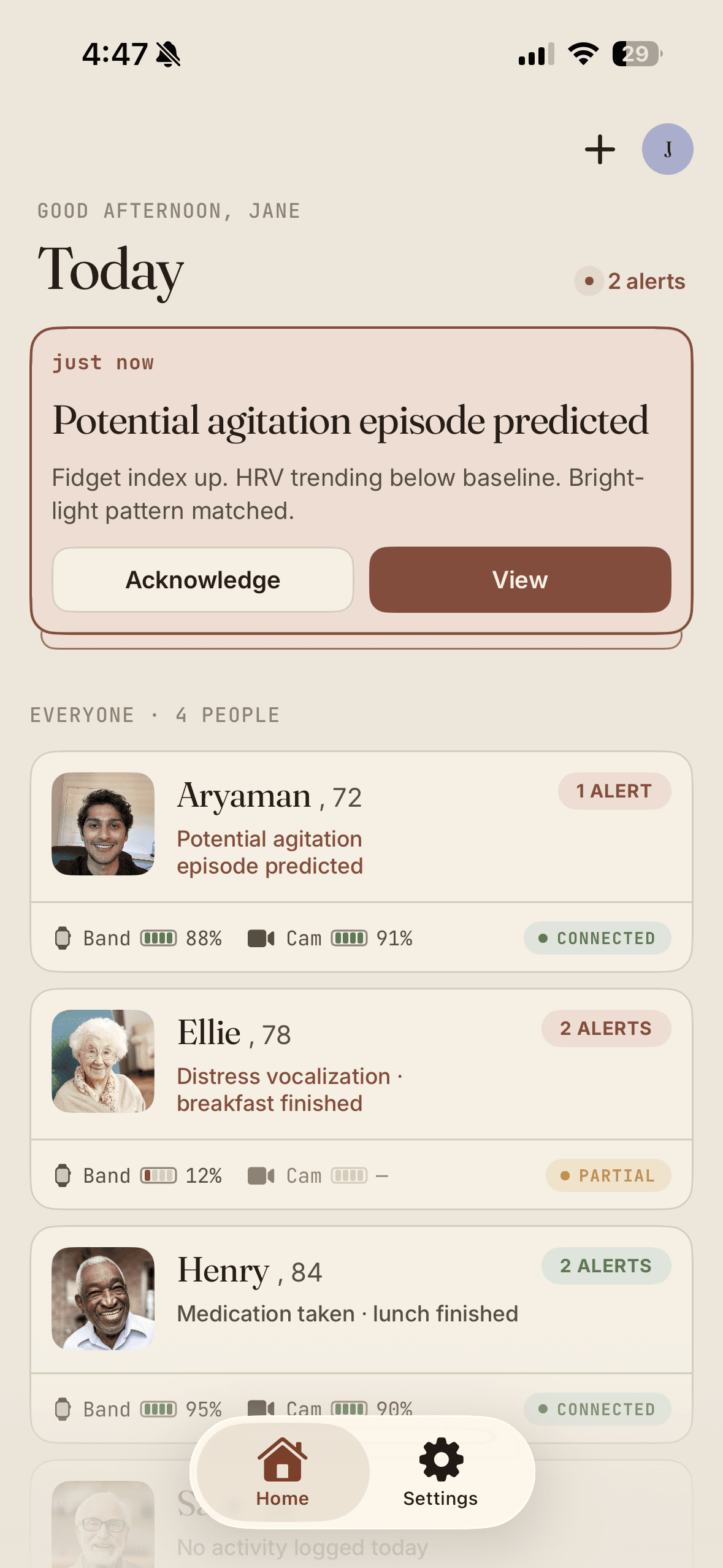 The nemara app showing an agitation alert with timestamp, severity metrics, and an incident clip.