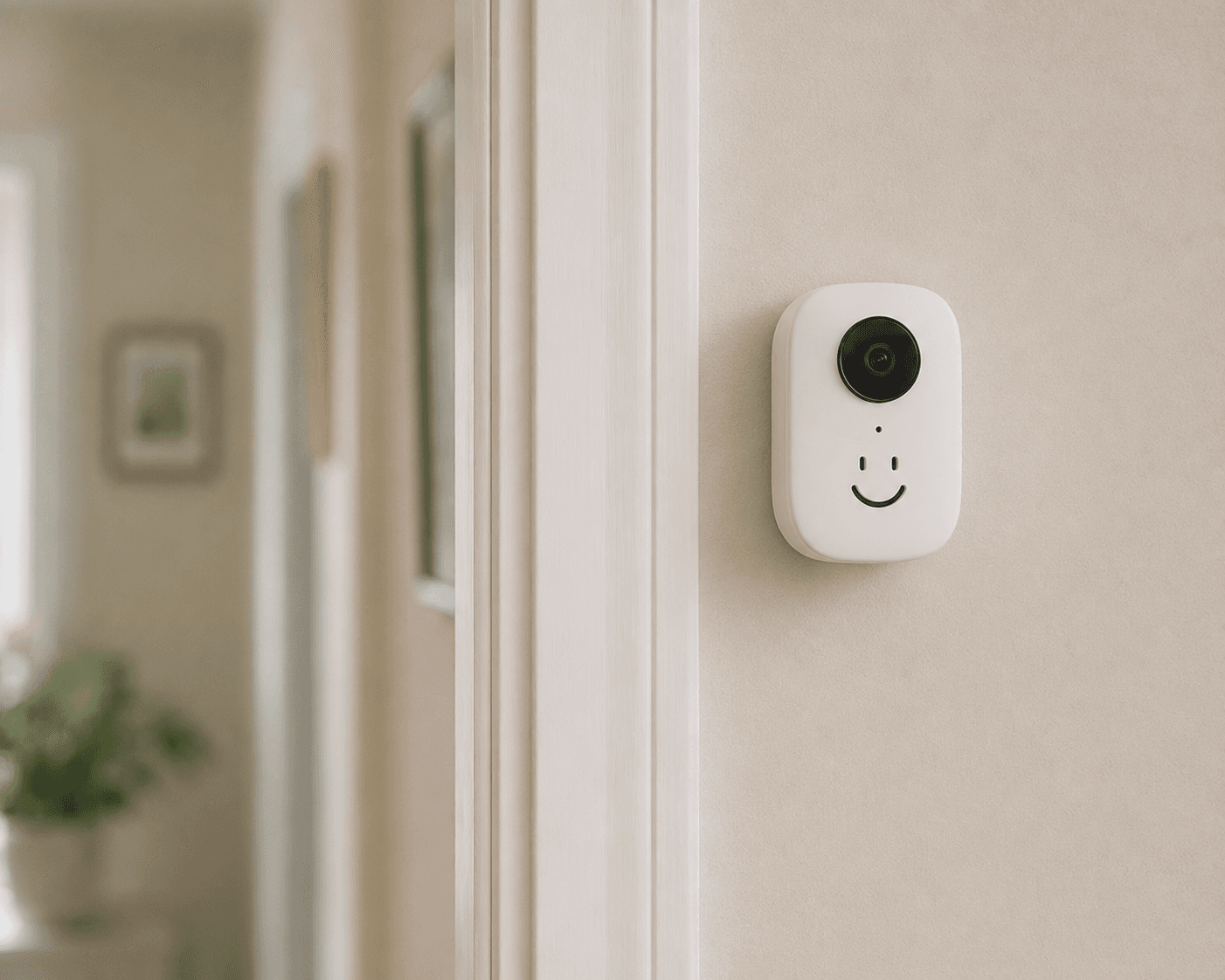 A small nemara camera mounted on the wall of a home, with a single lens and a soft smiling indicator below it.