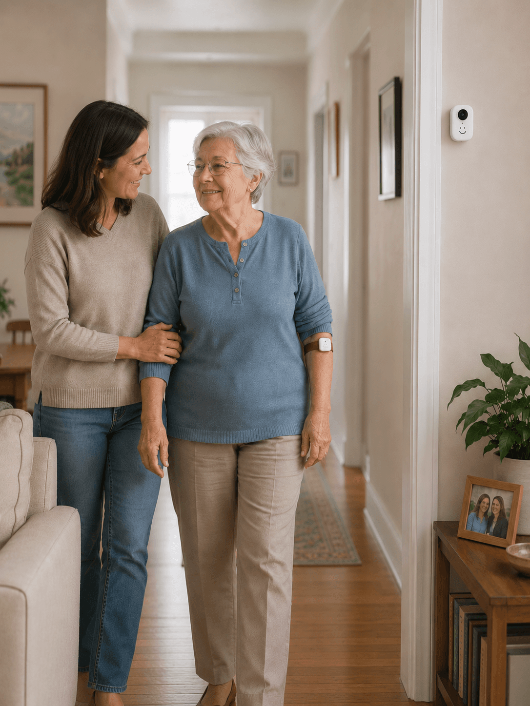 A daughter walks arm-in-arm with her mother down the hallway of their home. Her mother wears the nemara wristband; a small nemara camera sits on the wall behind them.